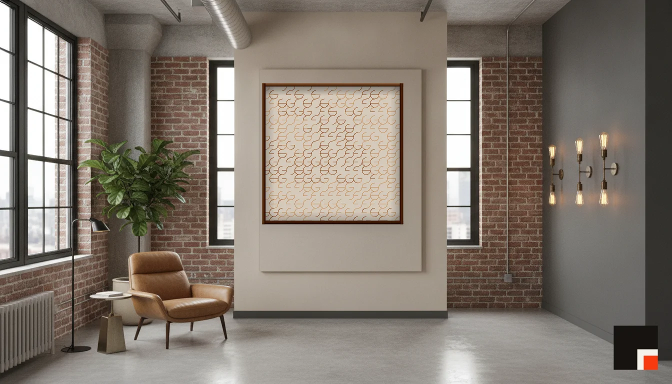 A Lumen & Logic artwork hanging in a Industrial hotel interior — Warehouse loft · Brooklyn