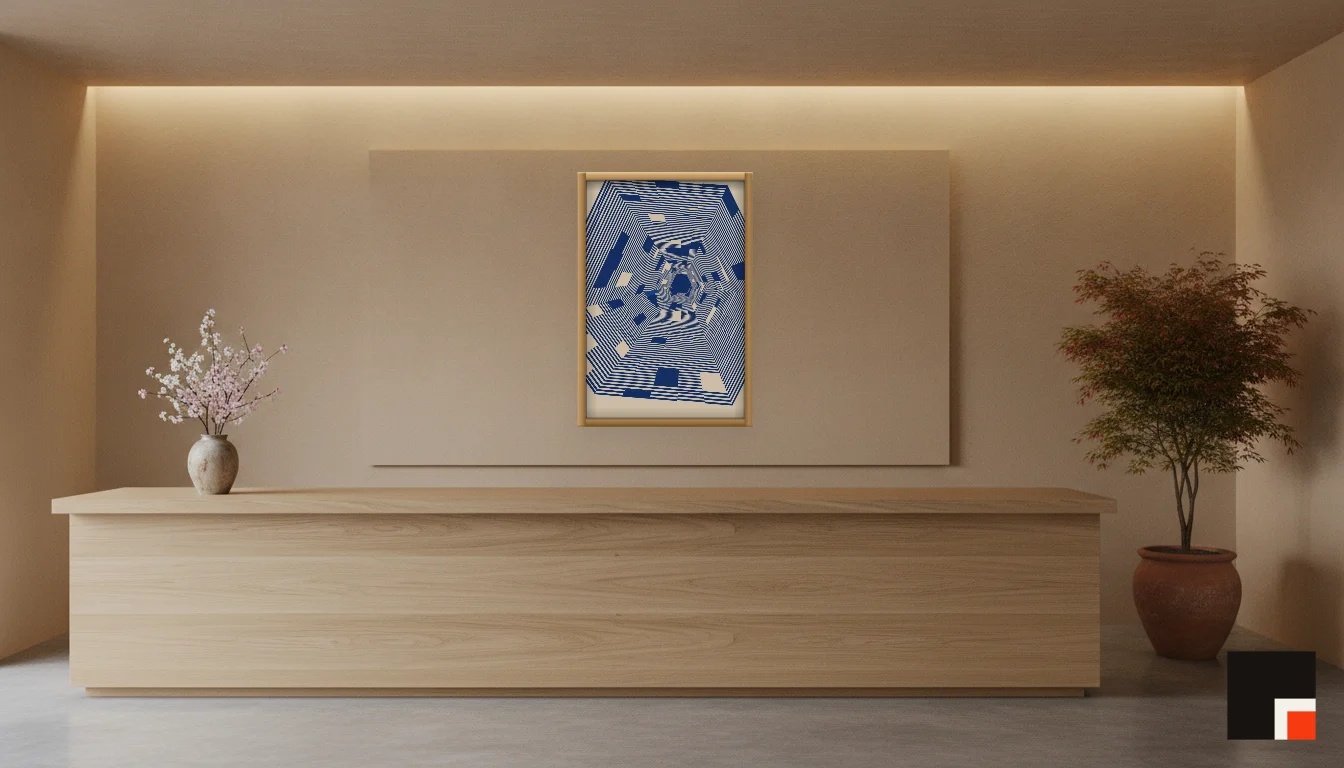 A Lumen & Logic artwork hanging in a Japandi hotel interior — Spa reception · Kyoto