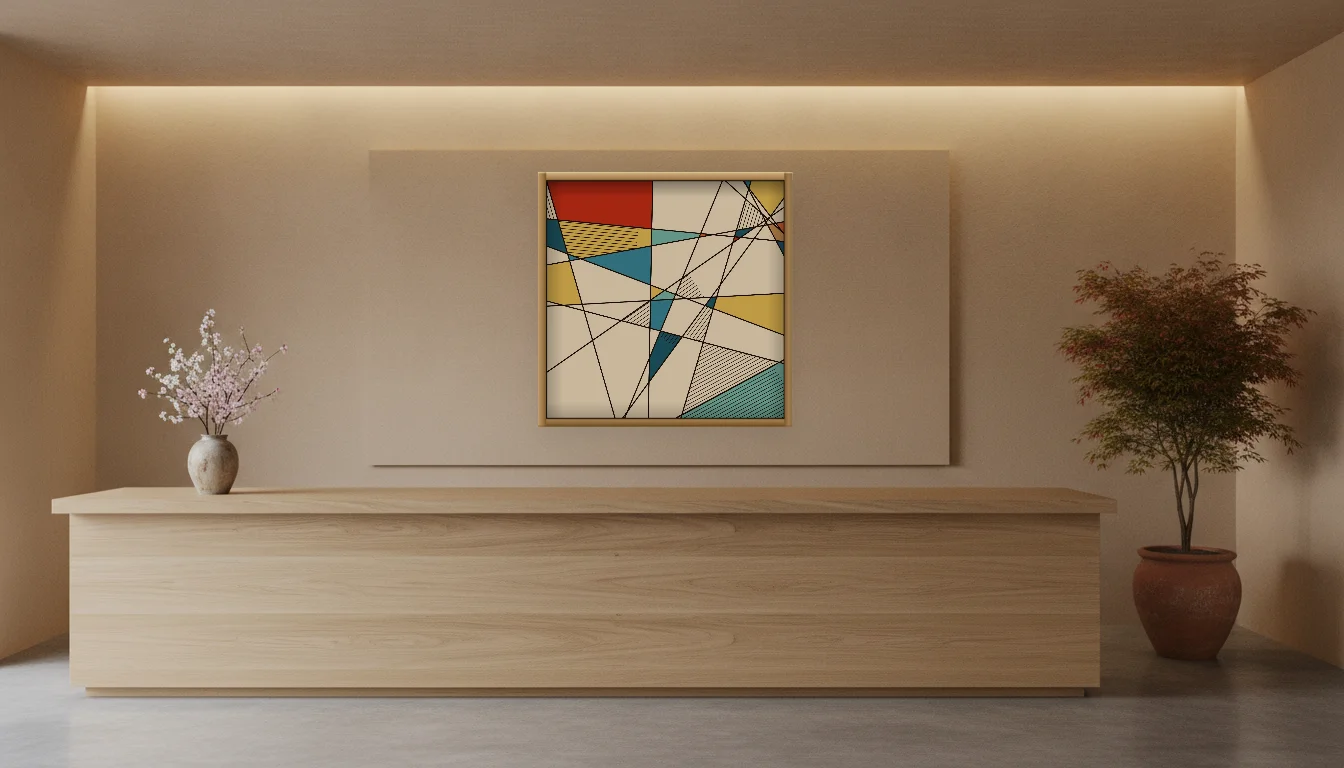 A Lumen & Logic artwork hanging in a Japandi hotel interior — Spa reception · Kyoto