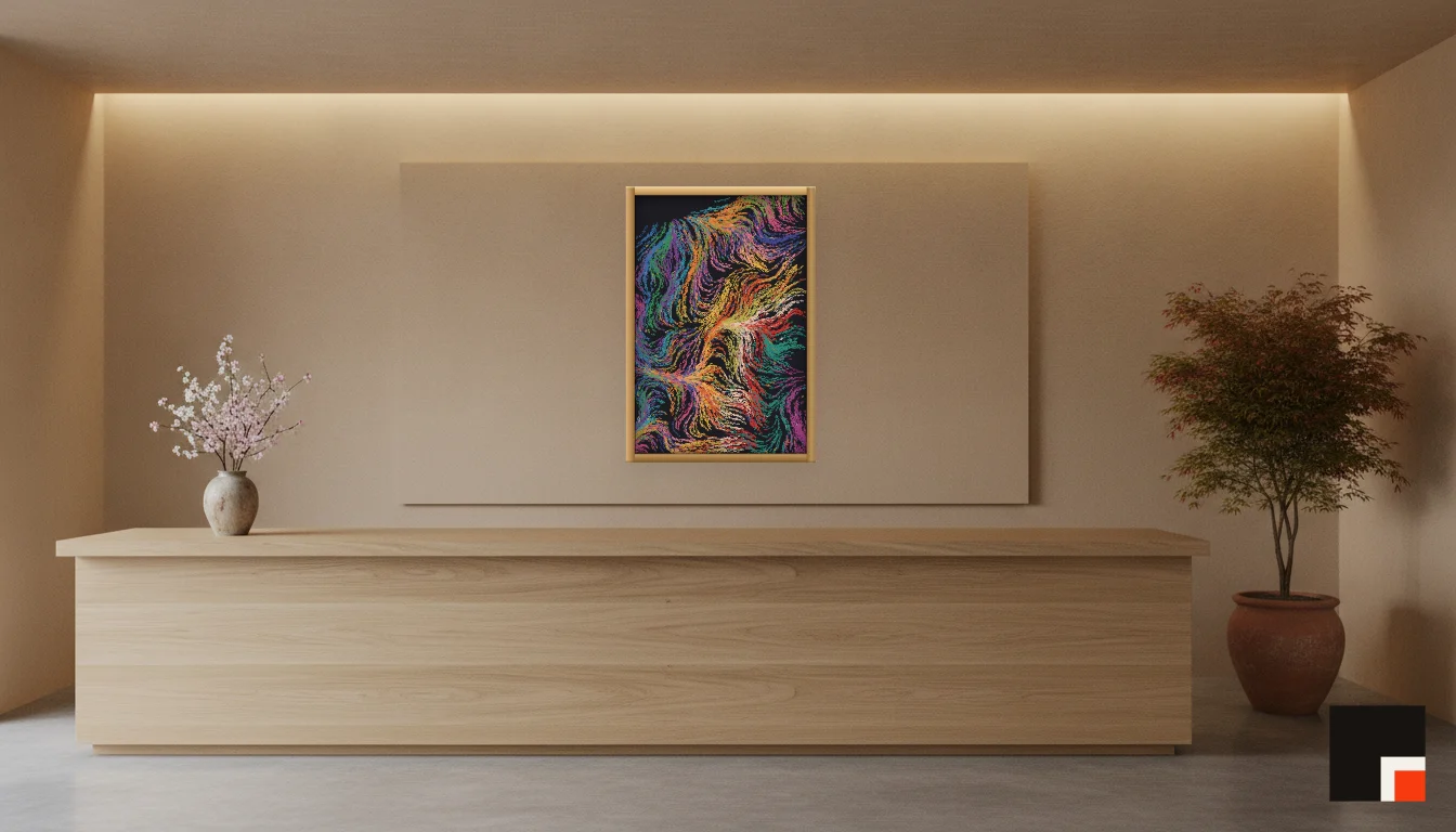 A Lumen & Logic artwork hanging in a Japandi hotel interior — Spa reception · Kyoto