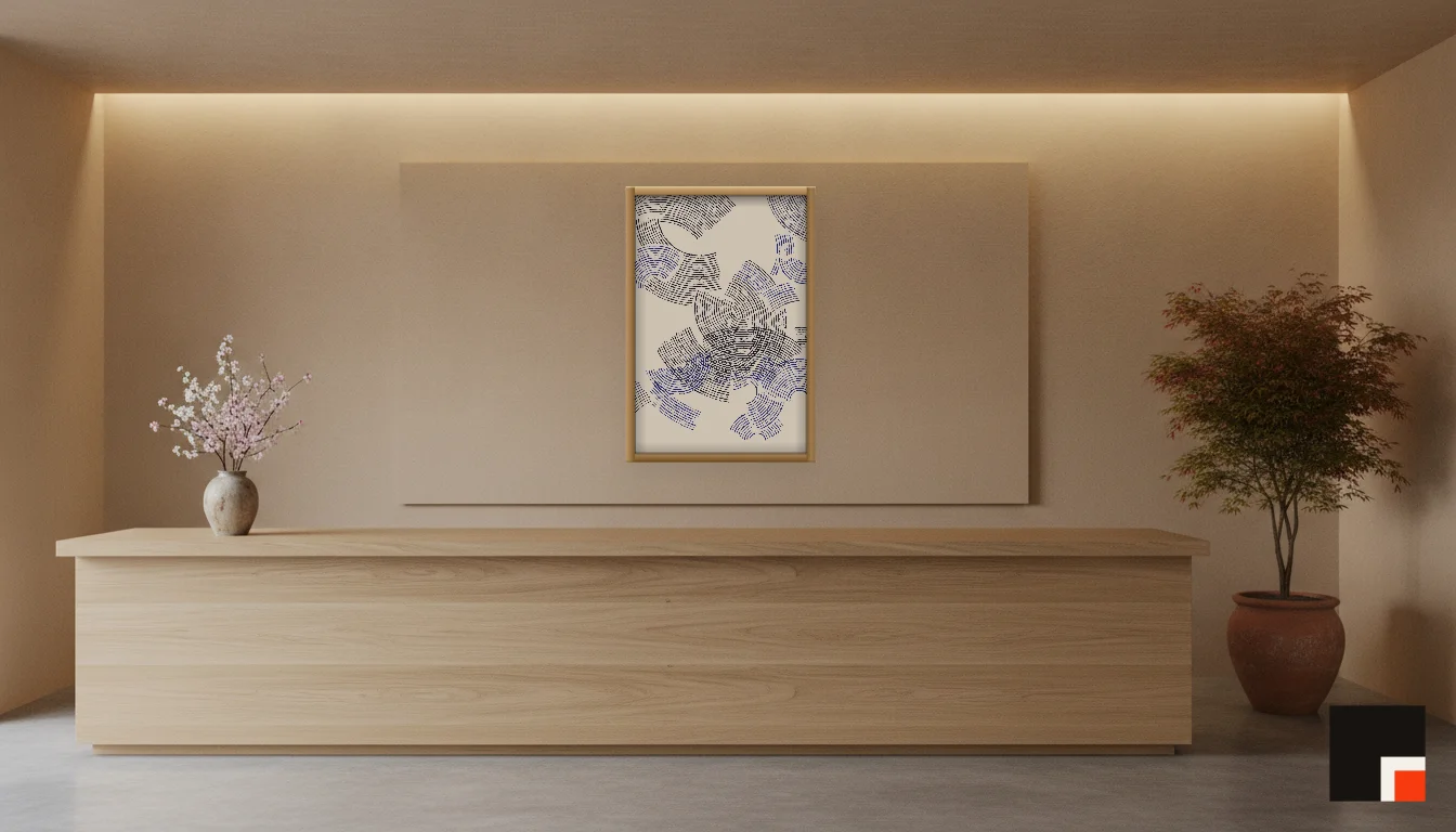 A Lumen & Logic artwork hanging in a Japandi hotel interior — Spa reception · Kyoto
