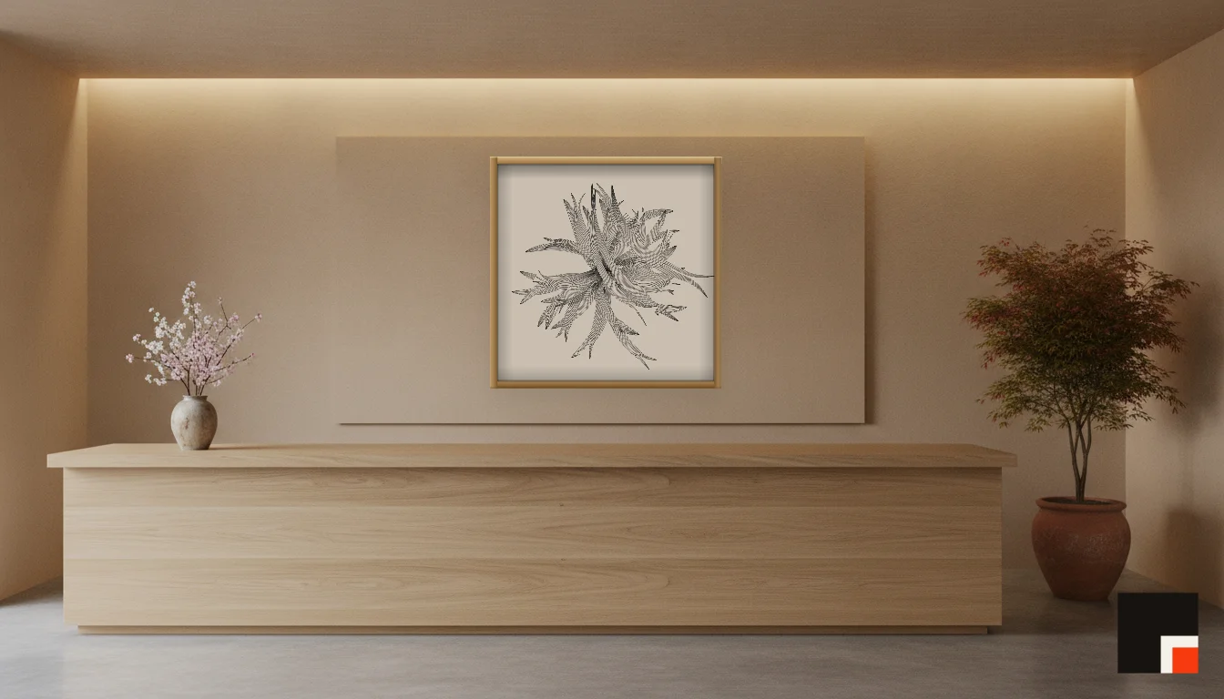 A Lumen & Logic artwork hanging in a Japandi hotel interior — Spa reception · Kyoto