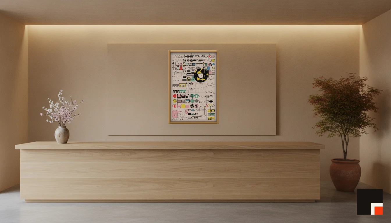 A Lumen & Logic artwork hanging in a Japandi hotel interior — Spa reception · Kyoto