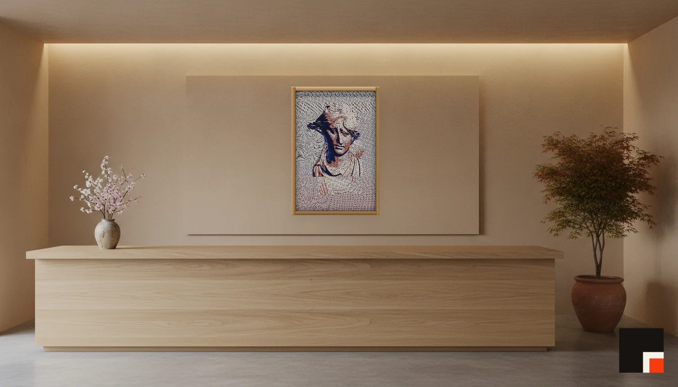 A Lumen & Logic artwork hanging in a Japandi hotel interior — Spa reception · Kyoto