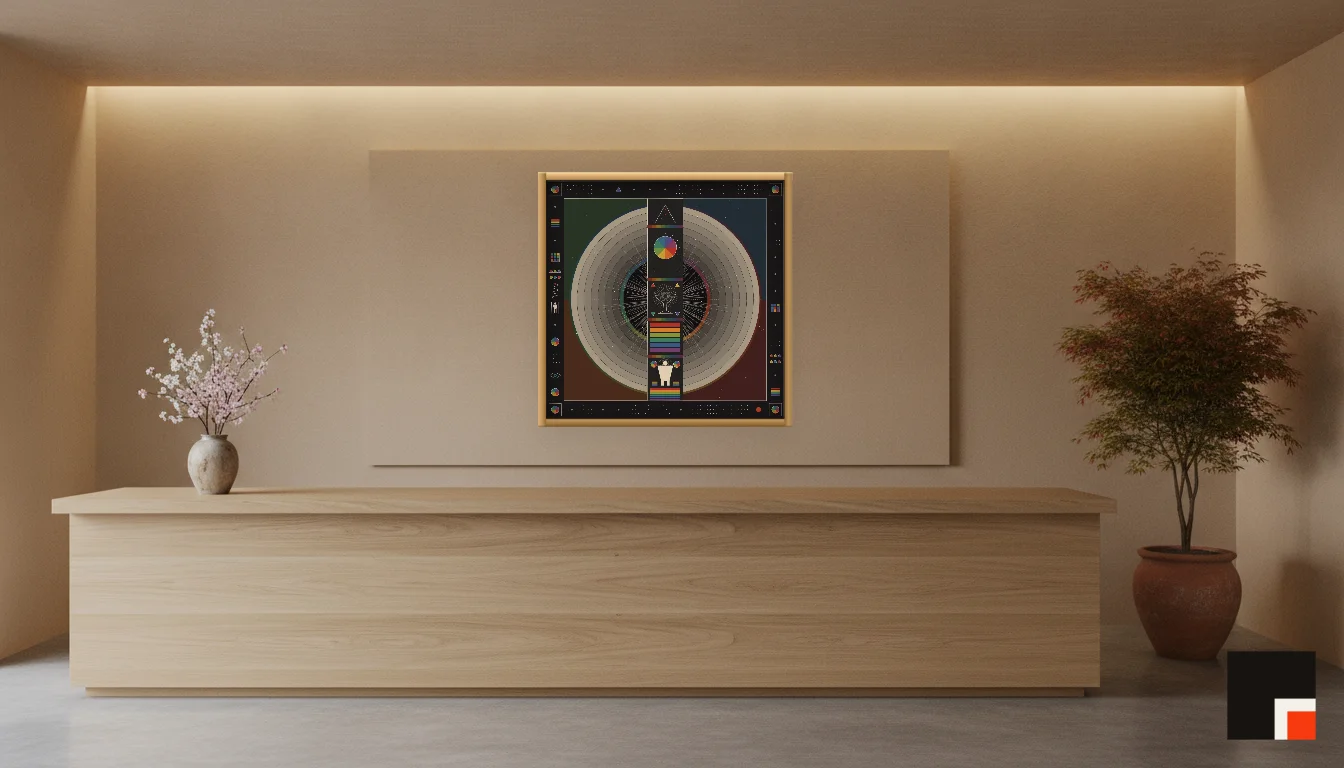A Lumen & Logic artwork hanging in a Japandi hotel interior — Spa reception · Kyoto