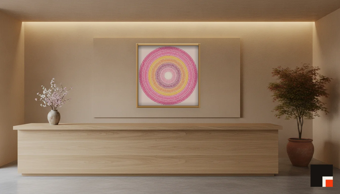 A Lumen & Logic artwork hanging in a Japandi hotel interior — Spa reception · Kyoto