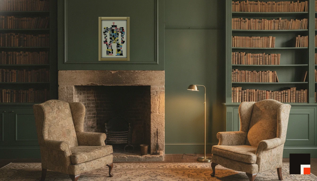 A Lumen & Logic artwork hanging in a Manor hotel interior — Library · Cotswolds
