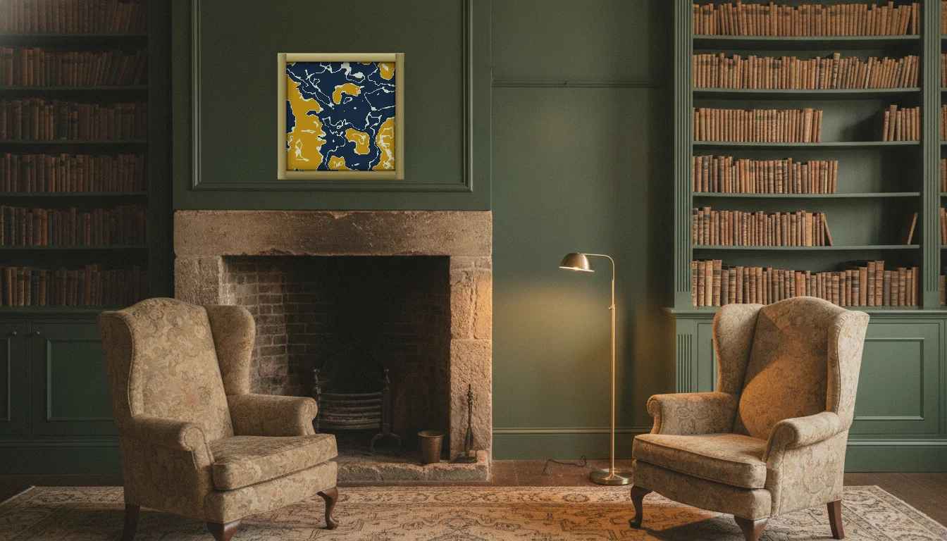 A Lumen & Logic artwork hanging in a Manor hotel interior — Library · Cotswolds