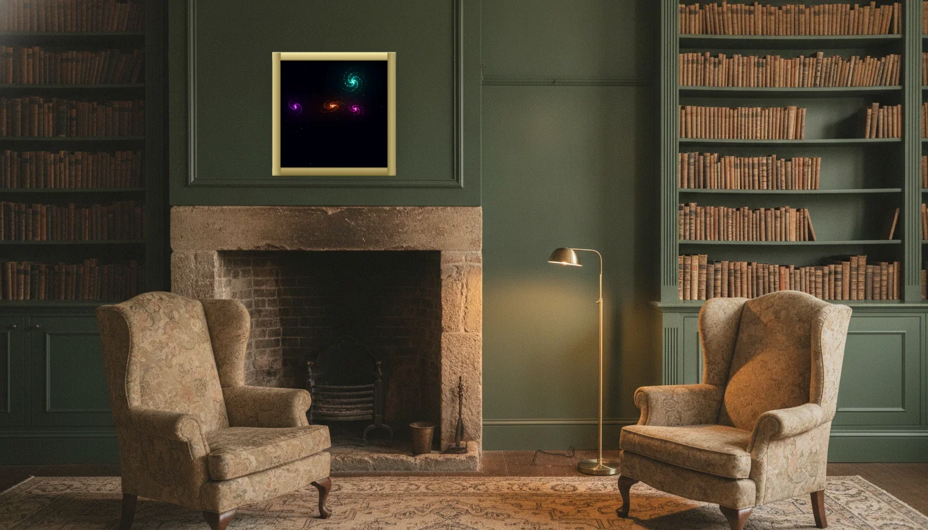 A Lumen & Logic artwork hanging in a Manor hotel interior — Library · Cotswolds