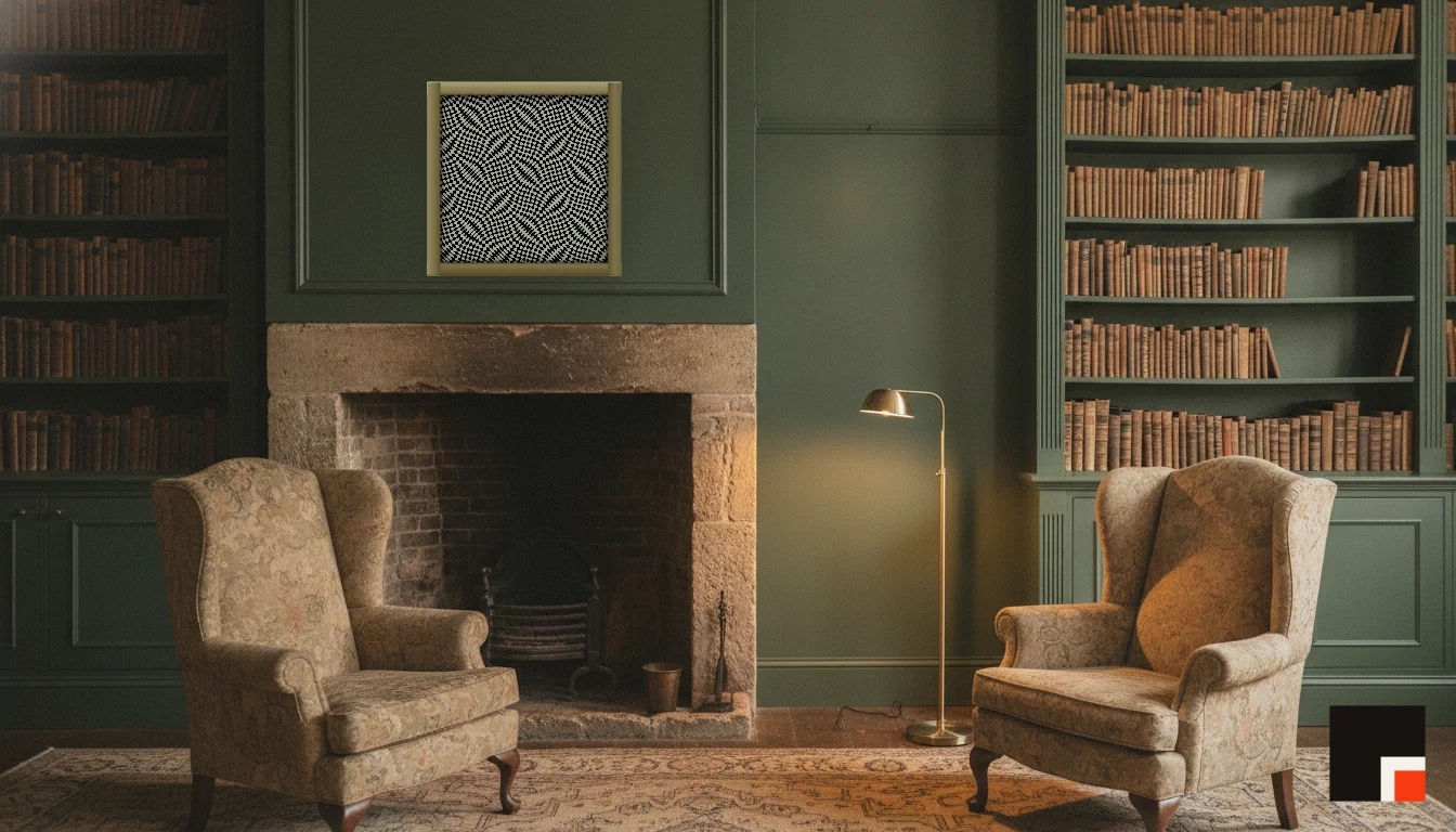 A Lumen & Logic artwork hanging in a Manor hotel interior — Library · Cotswolds