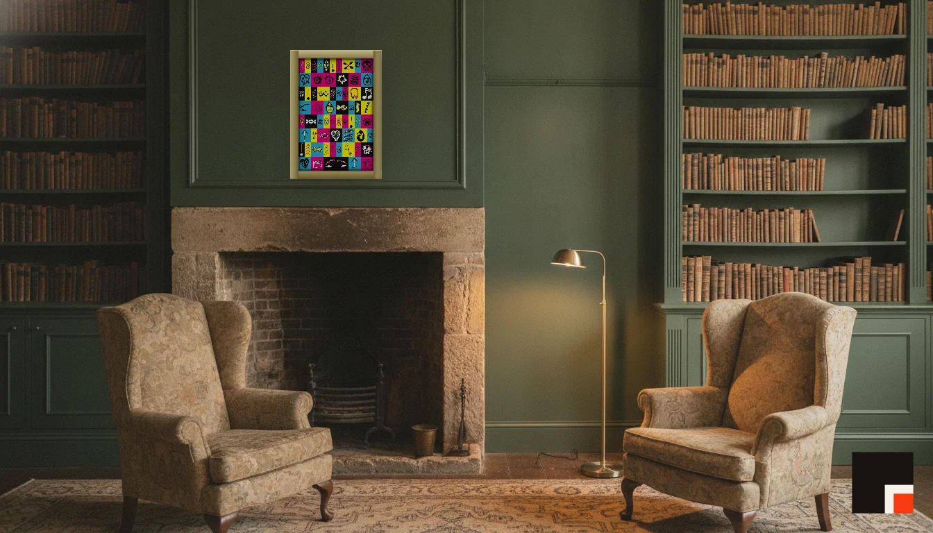 A Lumen & Logic artwork hanging in a Manor hotel interior — Library · Cotswolds