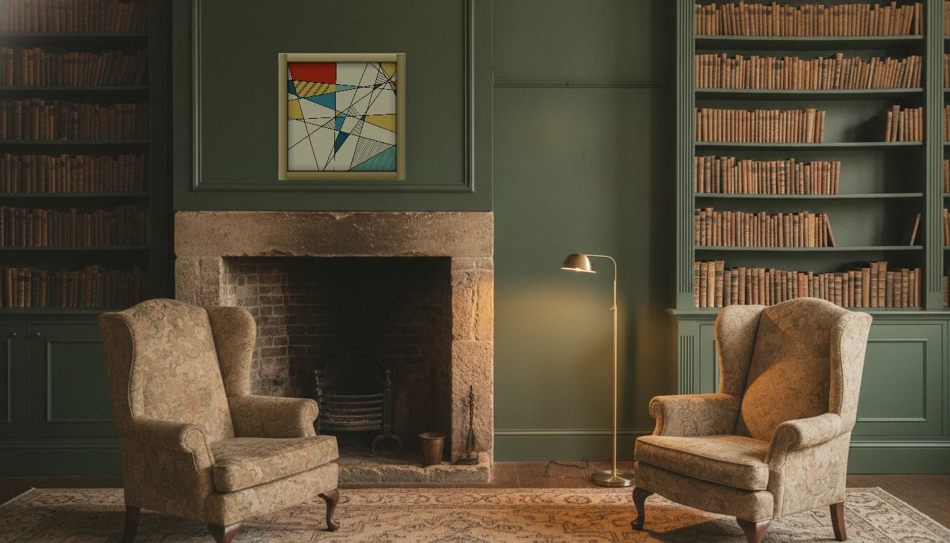 A Lumen & Logic artwork hanging in a Manor hotel interior — Library · Cotswolds