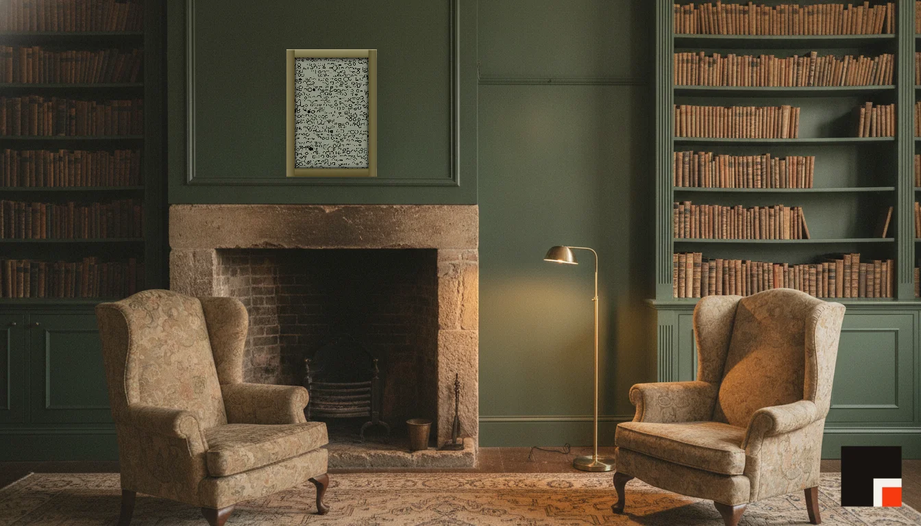 A Lumen & Logic artwork hanging in a Manor hotel interior — Library · Cotswolds