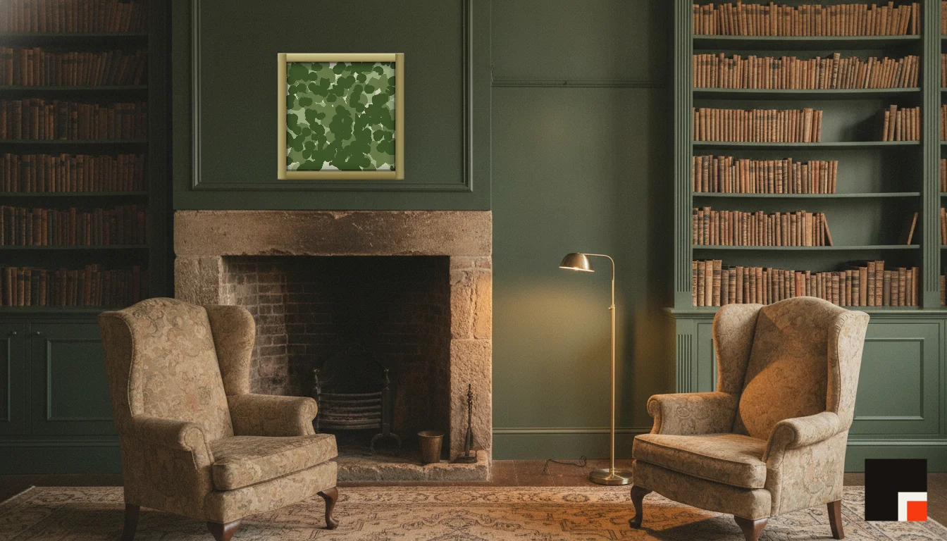 A Lumen & Logic artwork hanging in a Manor hotel interior — Library · Cotswolds