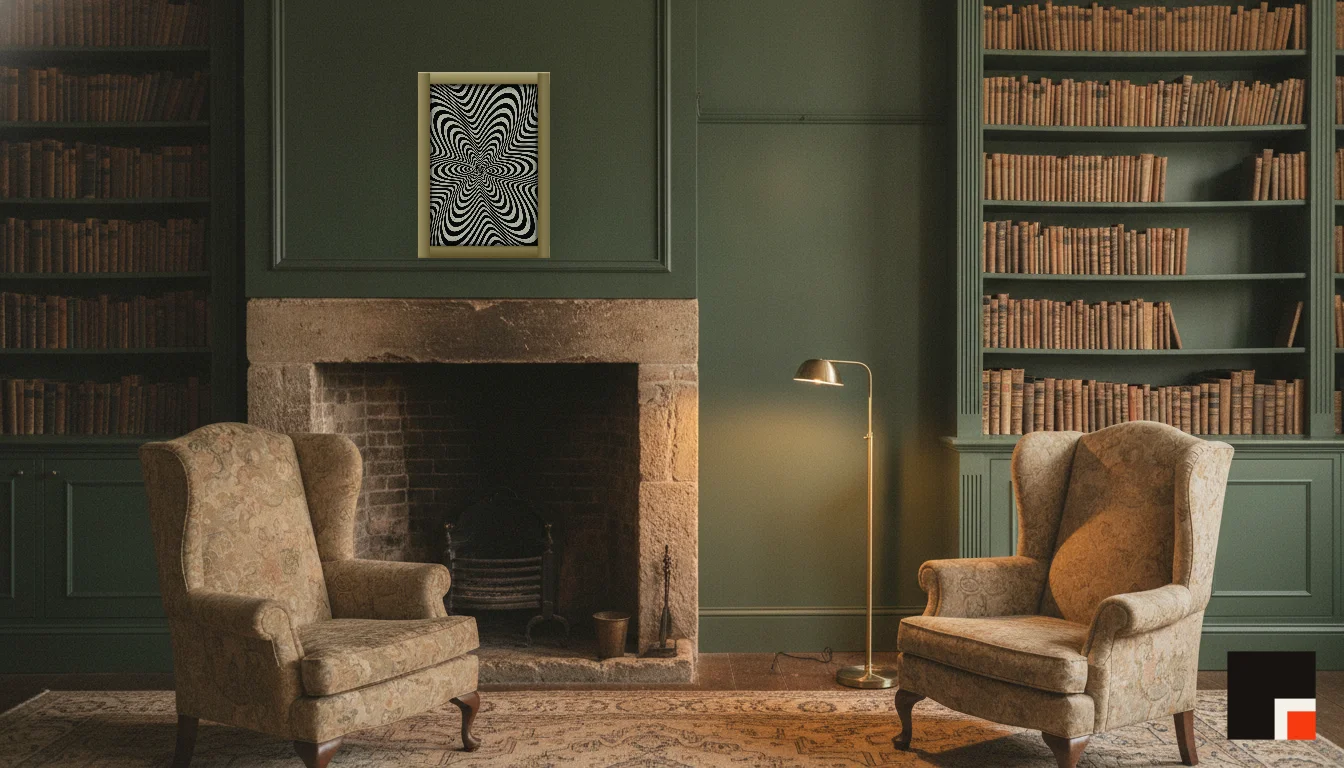 A Lumen & Logic artwork hanging in a Manor hotel interior — Library · Cotswolds
