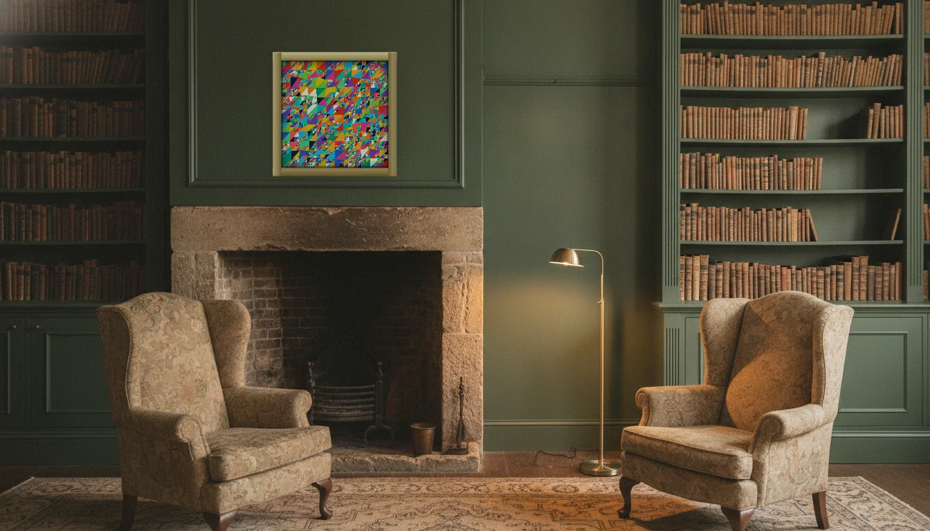 A Lumen & Logic artwork hanging in a Manor hotel interior — Library · Cotswolds