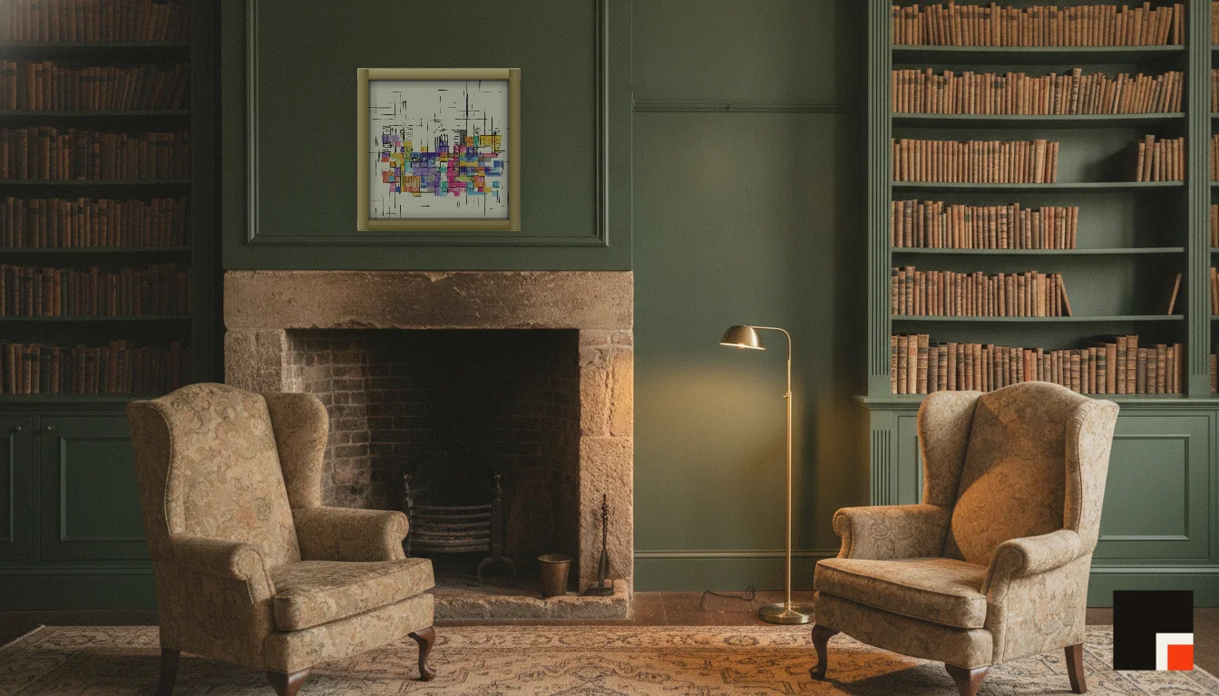 A Lumen & Logic artwork hanging in a Manor hotel interior — Library · Cotswolds
