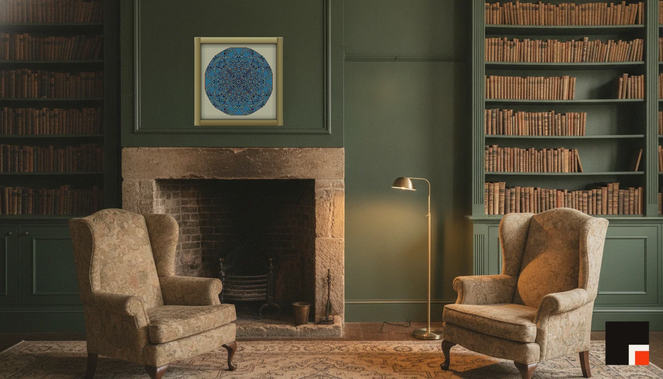 A Lumen & Logic artwork hanging in a Manor hotel interior — Library · Cotswolds