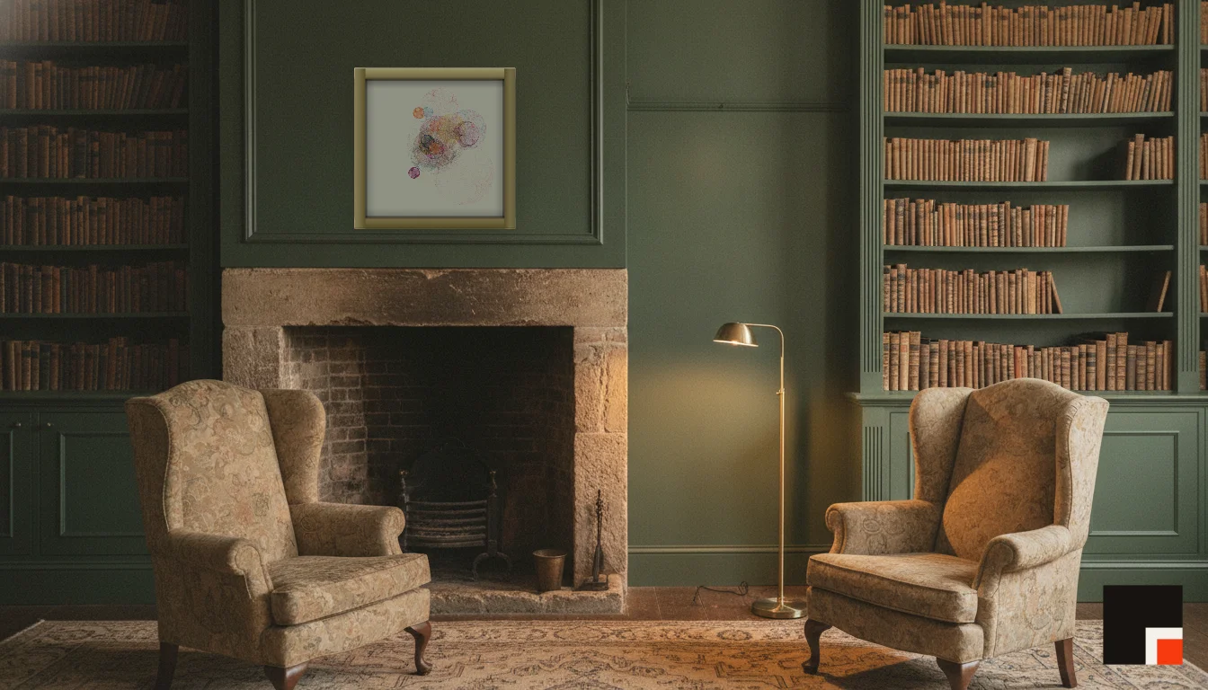 A Lumen & Logic artwork hanging in a Manor hotel interior — Library · Cotswolds