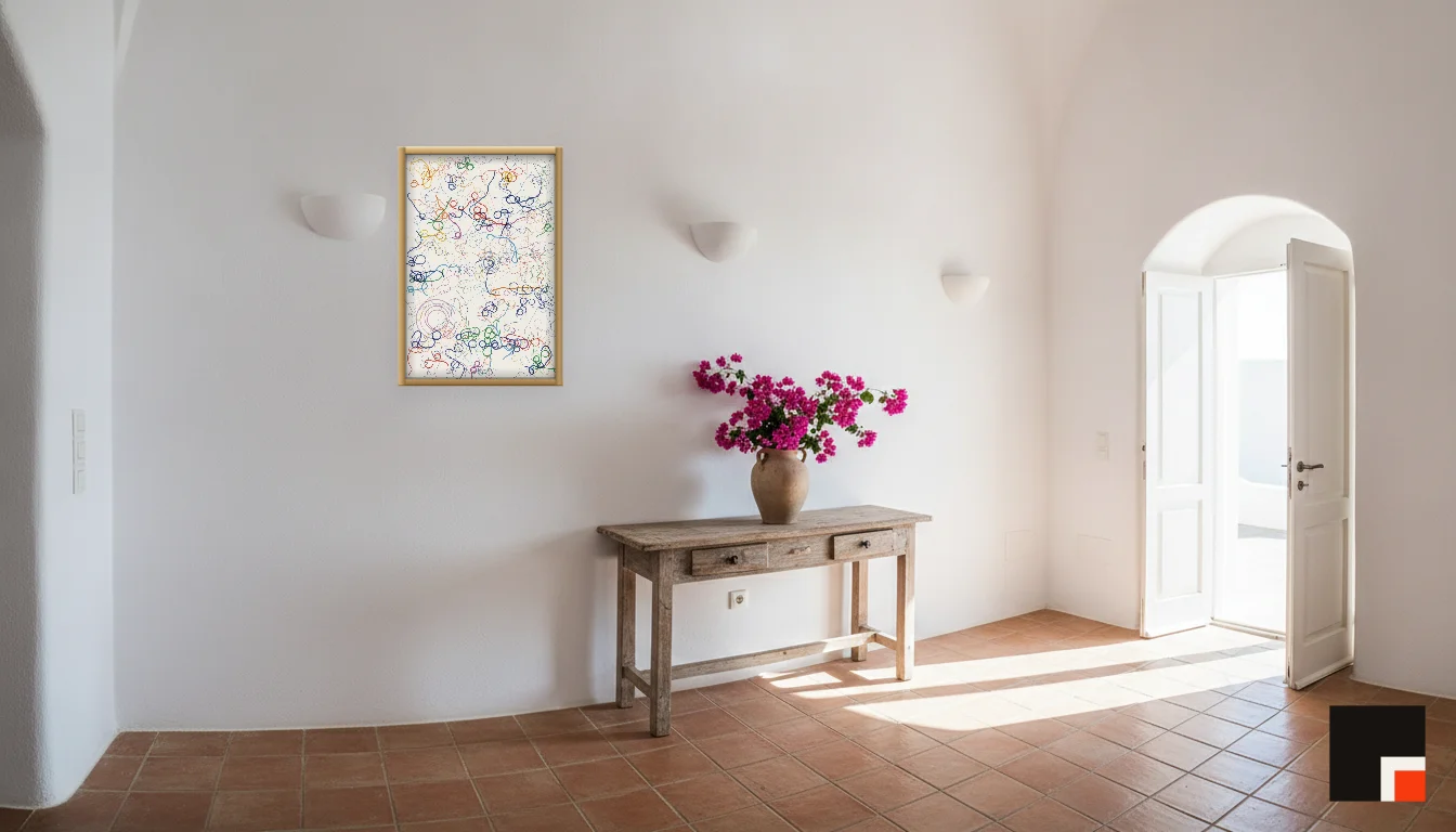 A Lumen & Logic artwork hanging in a Mediterran hotel interior — Cliffside villa · Santorini