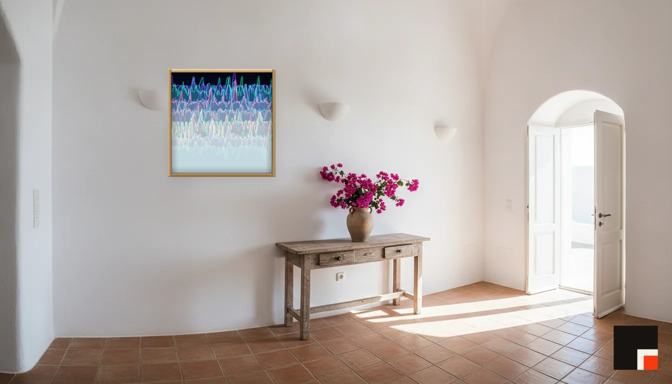 A Lumen & Logic artwork hanging in a Mediterran hotel interior — Cliffside villa · Santorini