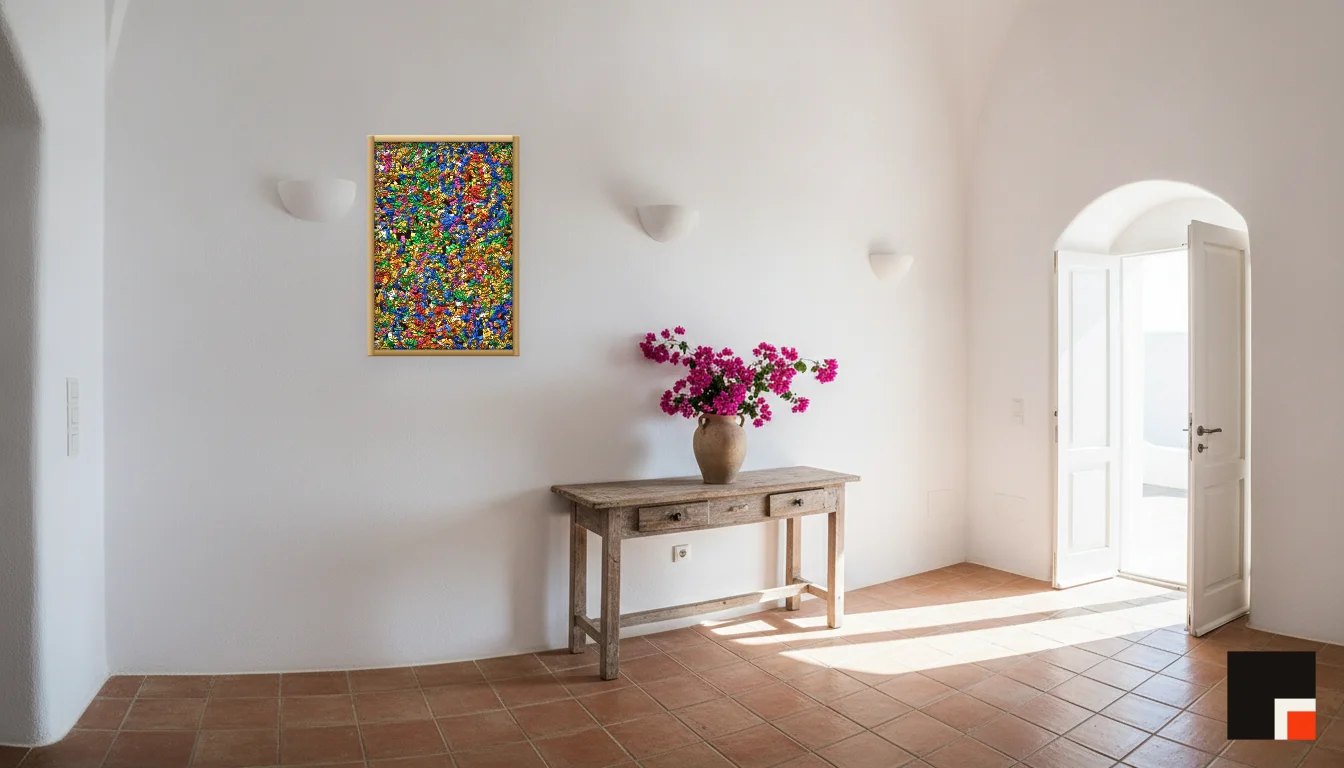 A Lumen & Logic artwork hanging in a Mediterran hotel interior — Cliffside villa · Santorini