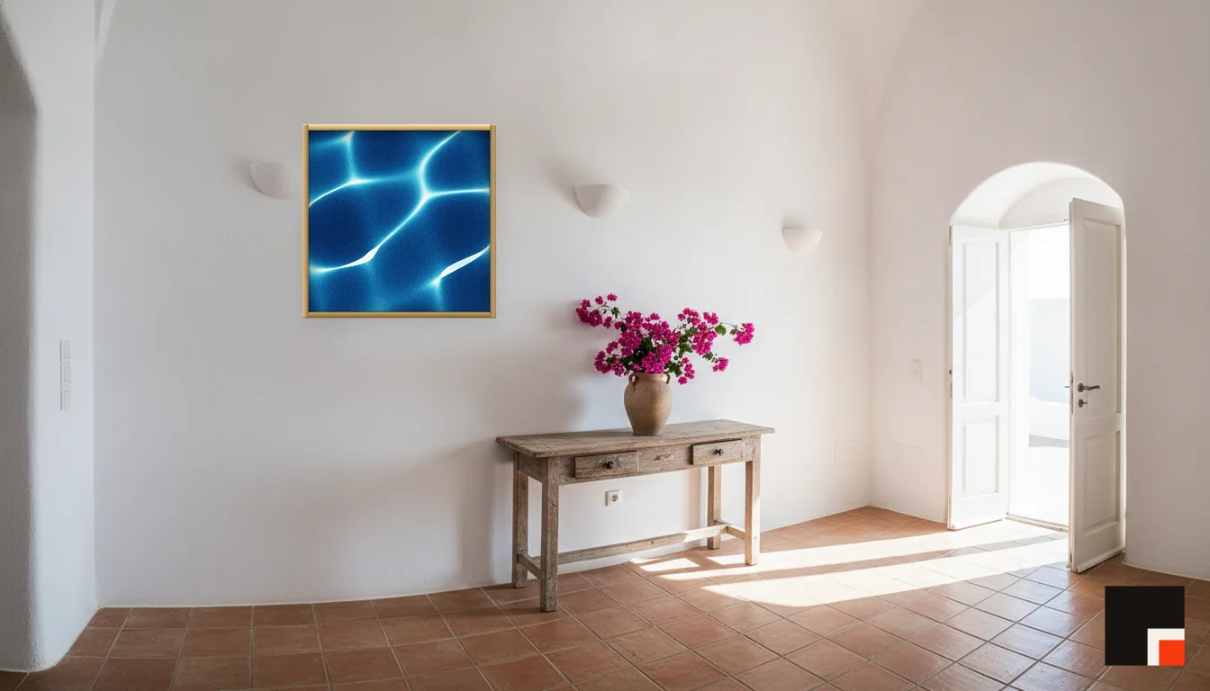 A Lumen & Logic artwork hanging in a Mediterran hotel interior — Cliffside villa · Santorini