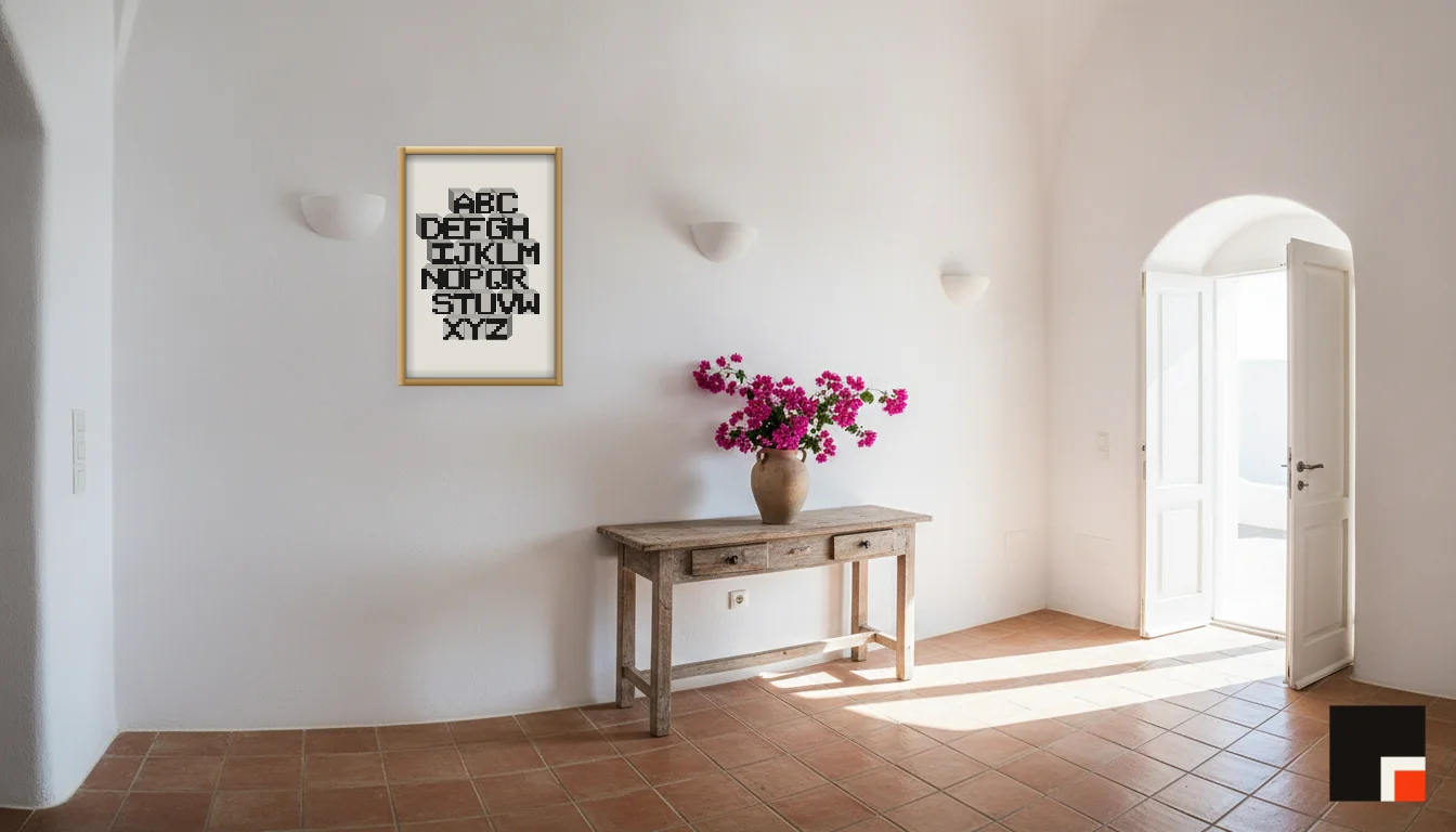 A Lumen & Logic artwork hanging in a Mediterran hotel interior — Cliffside villa · Santorini