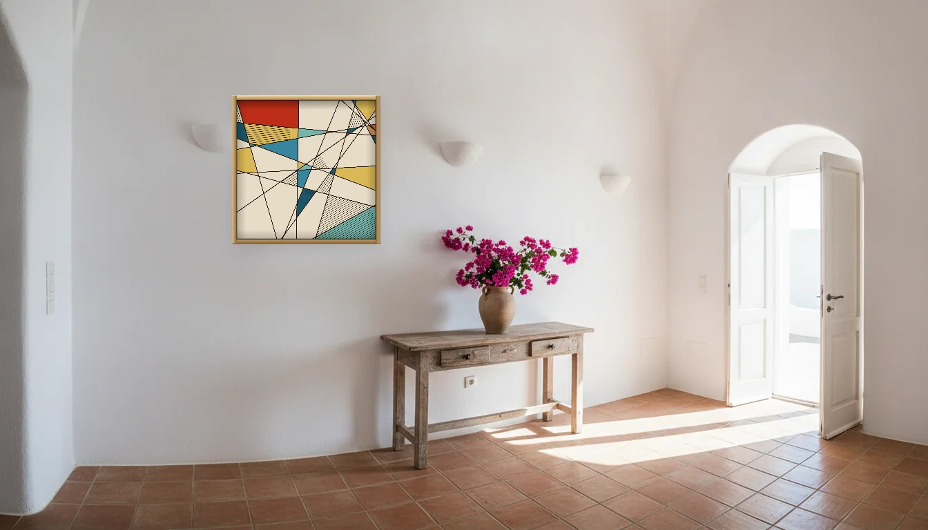 A Lumen & Logic artwork hanging in a Mediterran hotel interior — Cliffside villa · Santorini