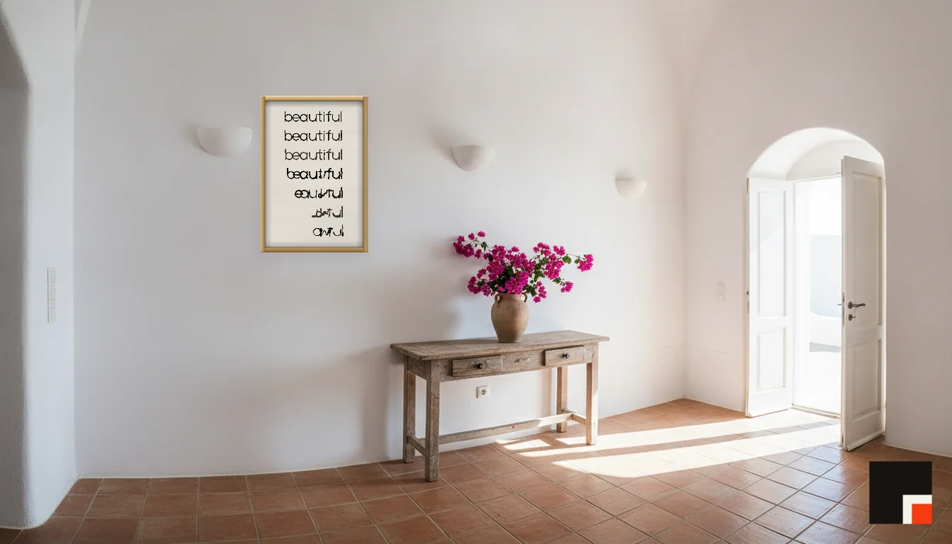 A Lumen & Logic artwork hanging in a Mediterran hotel interior — Cliffside villa · Santorini