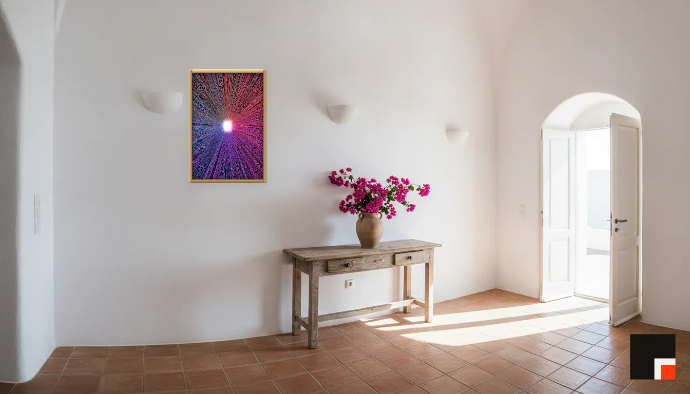 A Lumen & Logic artwork hanging in a Mediterran hotel interior — Cliffside villa · Santorini