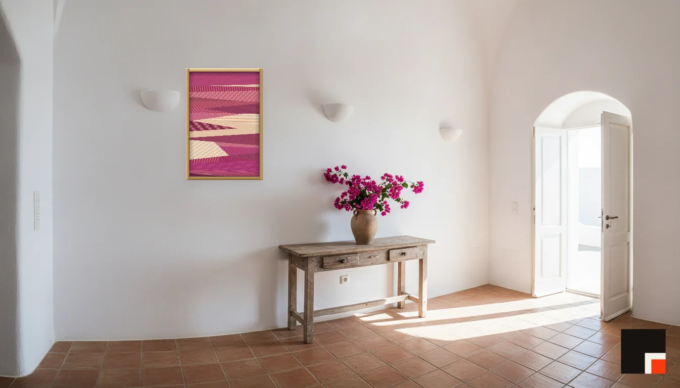 A Lumen & Logic artwork hanging in a Mediterran hotel interior — Cliffside villa · Santorini