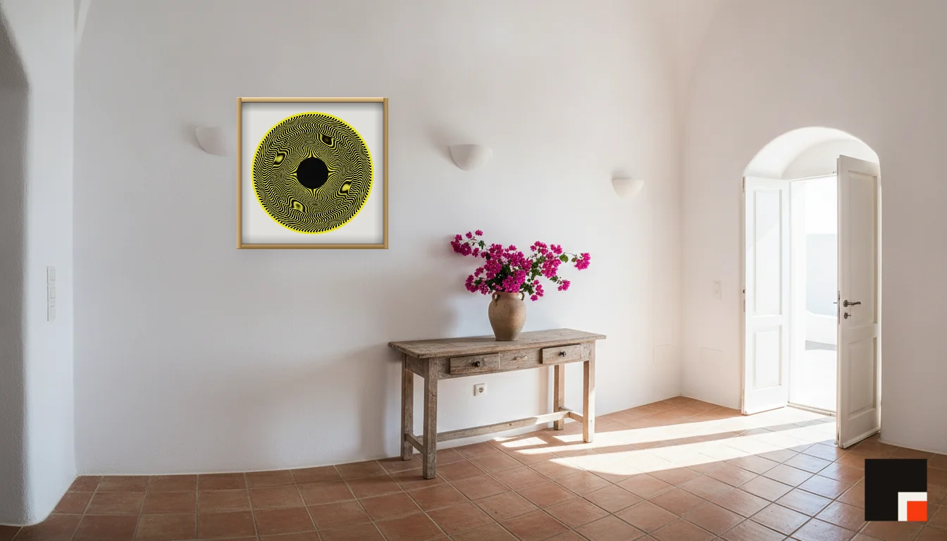 A Lumen & Logic artwork hanging in a Mediterran hotel interior — Cliffside villa · Santorini