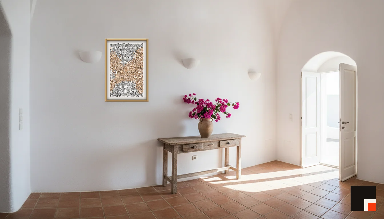 A Lumen & Logic artwork hanging in a Mediterran hotel interior — Cliffside villa · Santorini