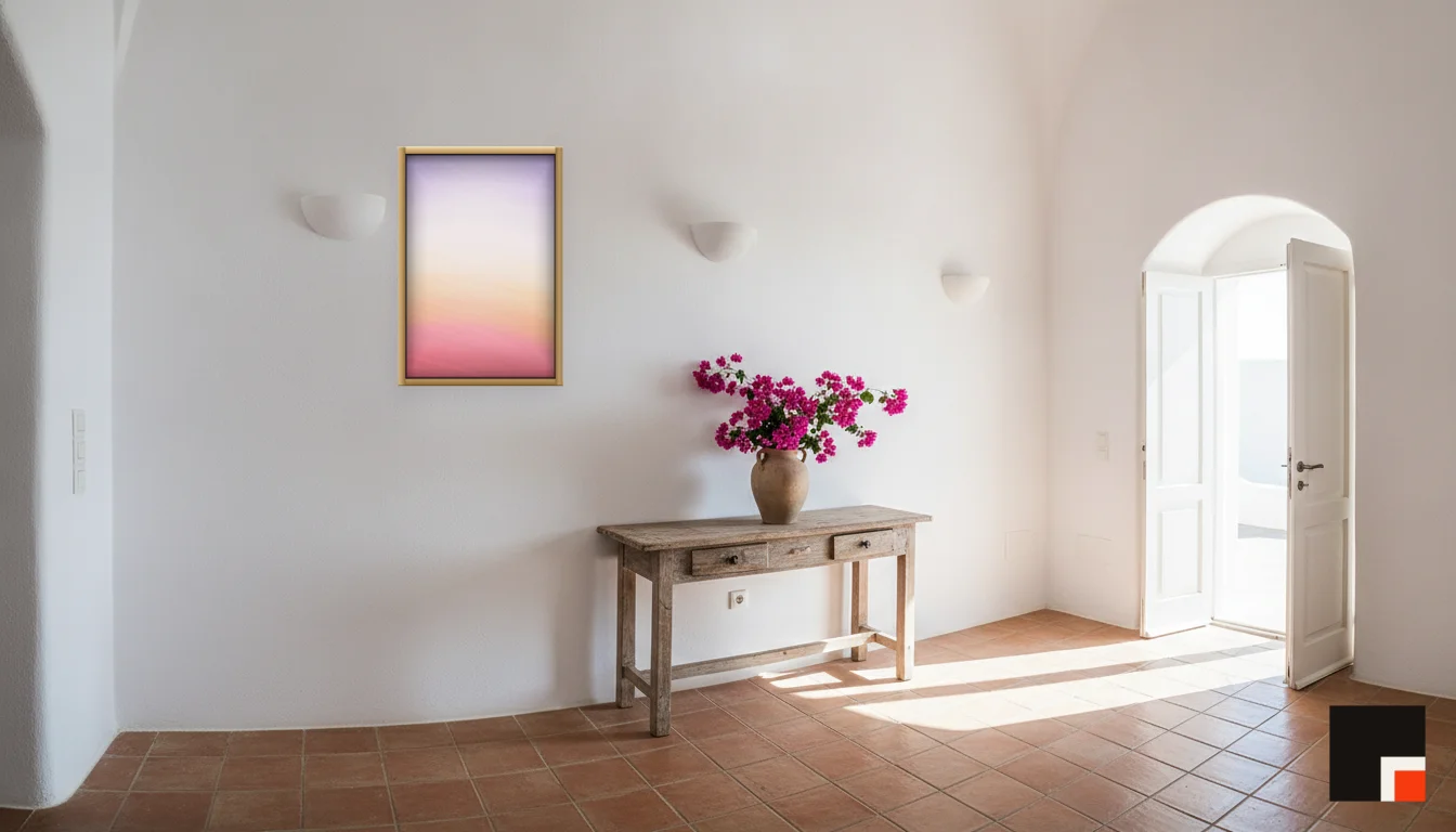 A Lumen & Logic artwork hanging in a Mediterran hotel interior — Cliffside villa · Santorini