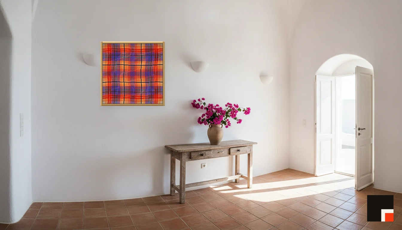 A Lumen & Logic artwork hanging in a Mediterran hotel interior — Cliffside villa · Santorini