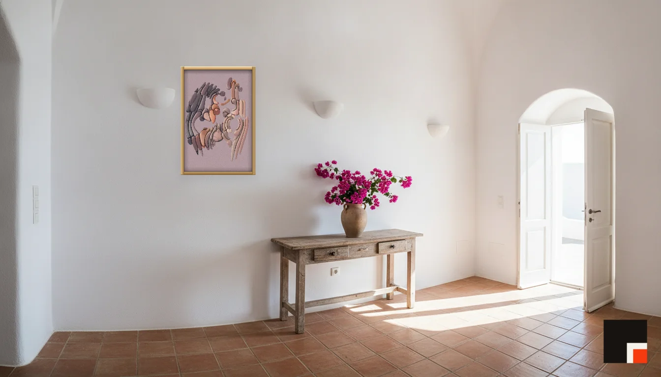 A Lumen & Logic artwork hanging in a Mediterran hotel interior — Cliffside villa · Santorini