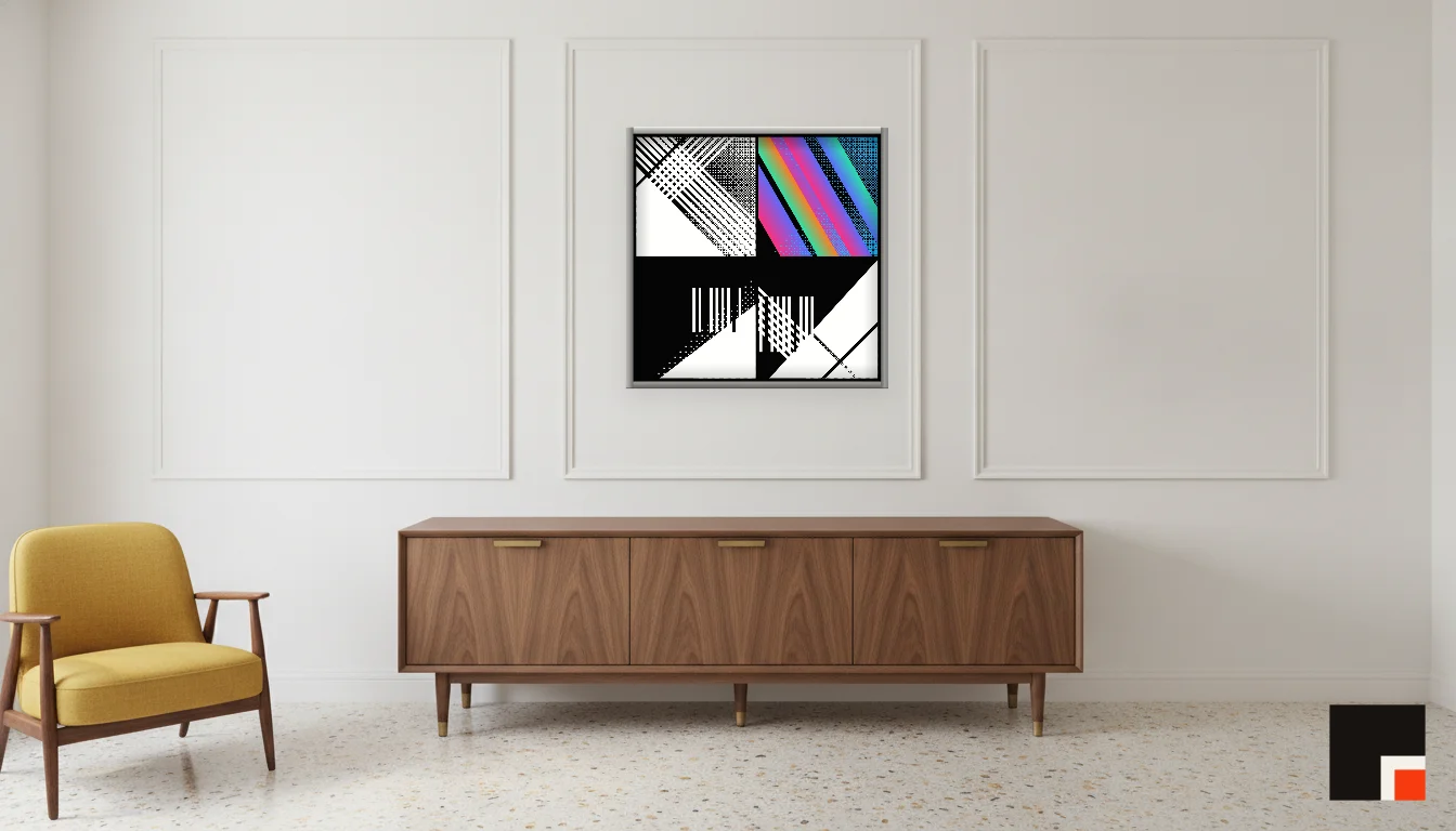 A Lumen & Logic artwork hanging in a Mid-Century hotel interior — Executive suite · Palm Springs