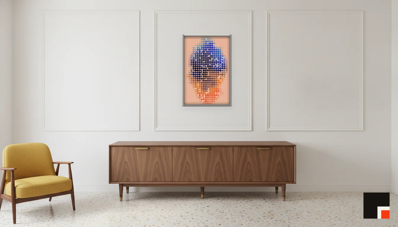 A Lumen & Logic artwork hanging in a Mid-Century hotel interior — Executive suite · Palm Springs