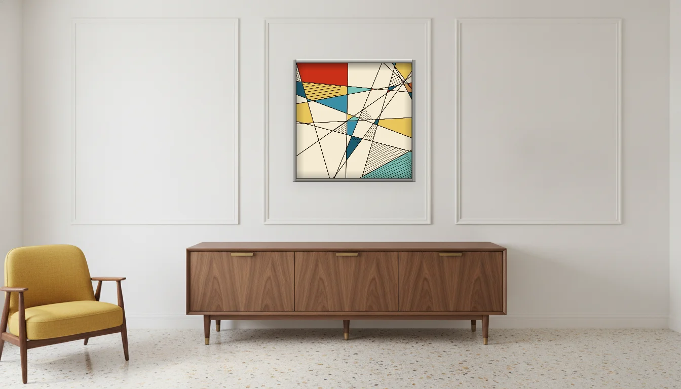 A Lumen & Logic artwork hanging in a Mid-Century hotel interior — Executive suite · Palm Springs