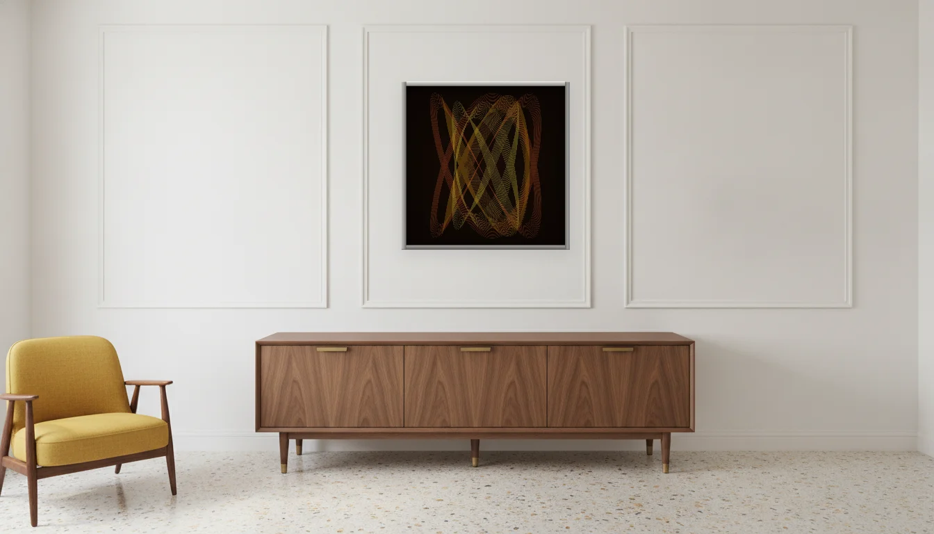 A Lumen & Logic artwork hanging in a Mid-Century hotel interior — Executive suite · Palm Springs