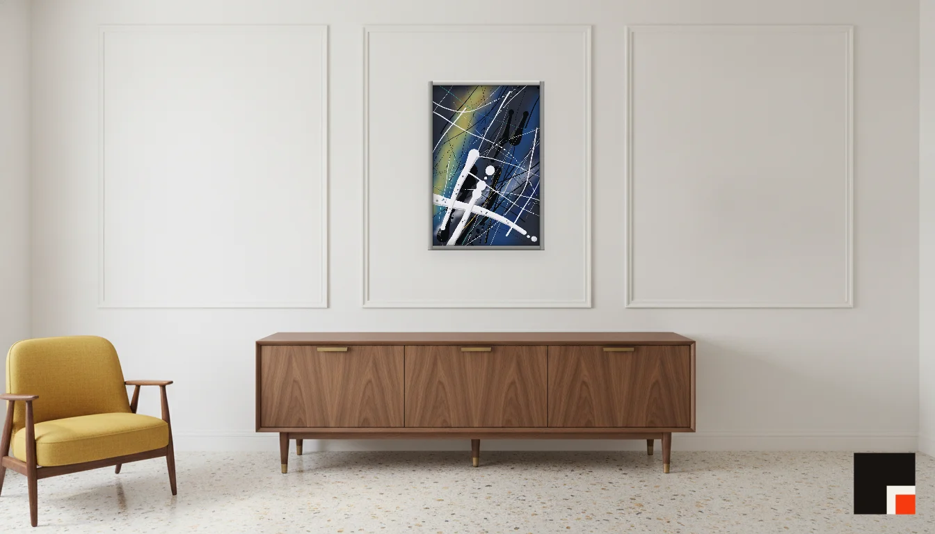 A Lumen & Logic artwork hanging in a Mid-Century hotel interior — Executive suite · Palm Springs