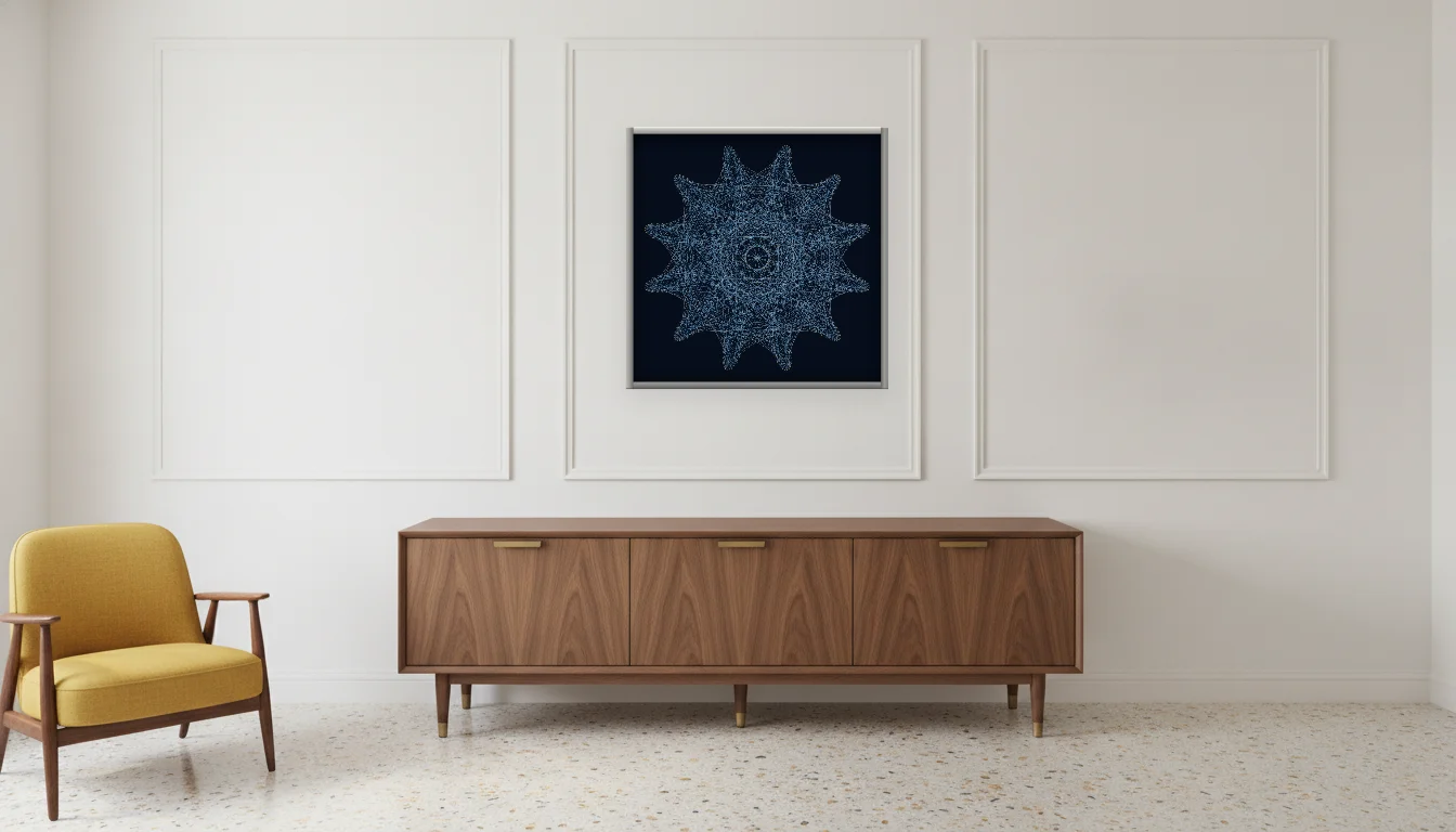 A Lumen & Logic artwork hanging in a Mid-Century hotel interior — Executive suite · Palm Springs