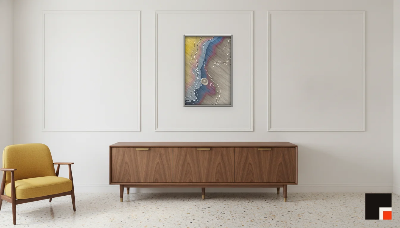 A Lumen & Logic artwork hanging in a Mid-Century hotel interior — Executive suite · Palm Springs