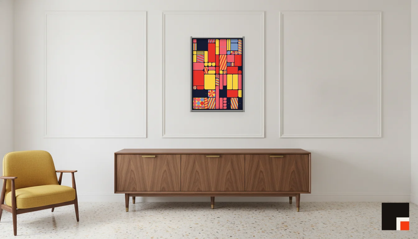 A Lumen & Logic artwork hanging in a Mid-Century hotel interior — Executive suite · Palm Springs