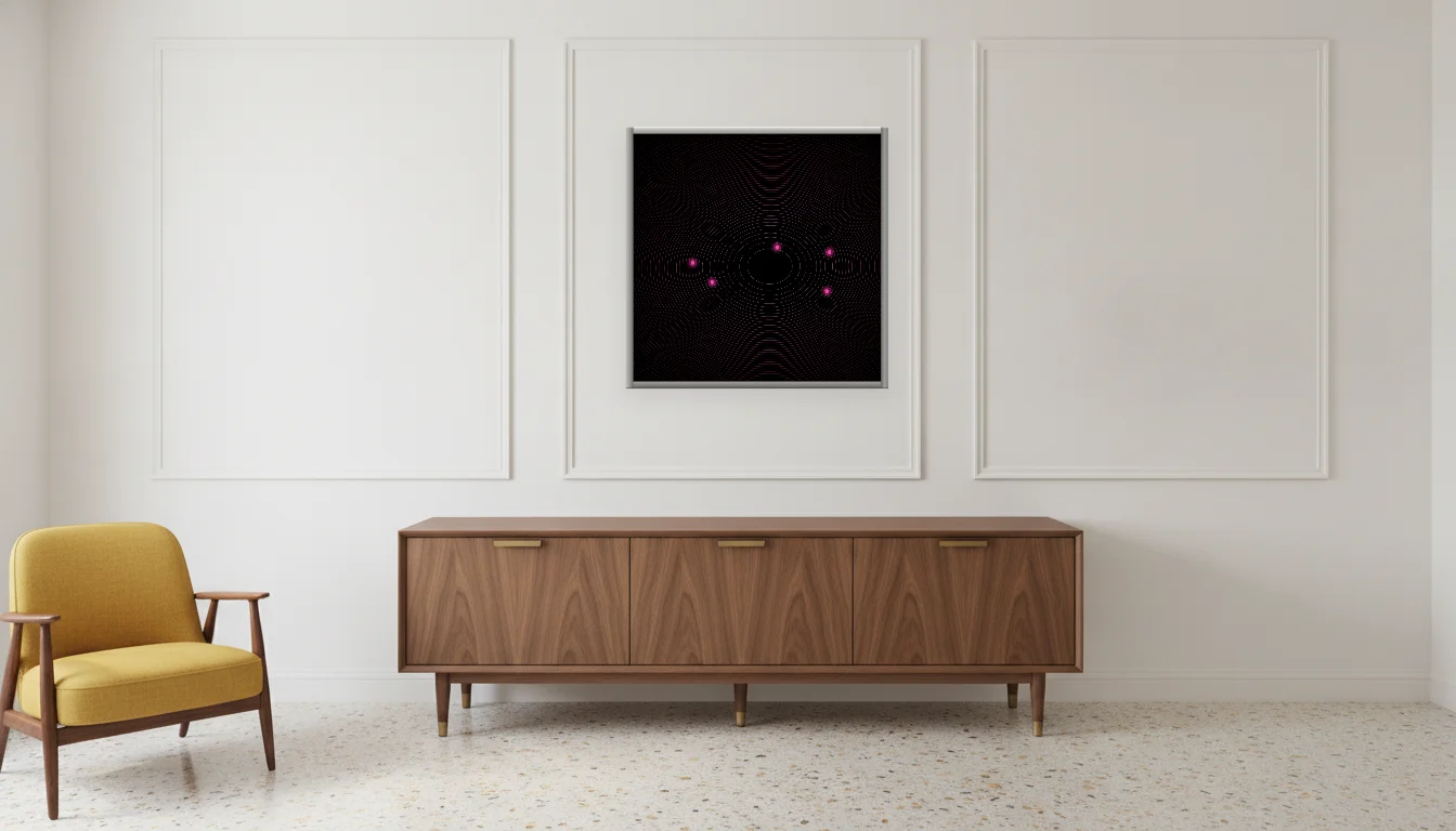 A Lumen & Logic artwork hanging in a Mid-Century hotel interior — Executive suite · Palm Springs