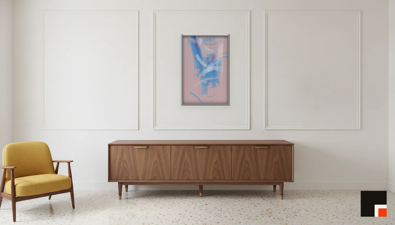 A Lumen & Logic artwork hanging in a Mid-Century hotel interior — Executive suite · Palm Springs