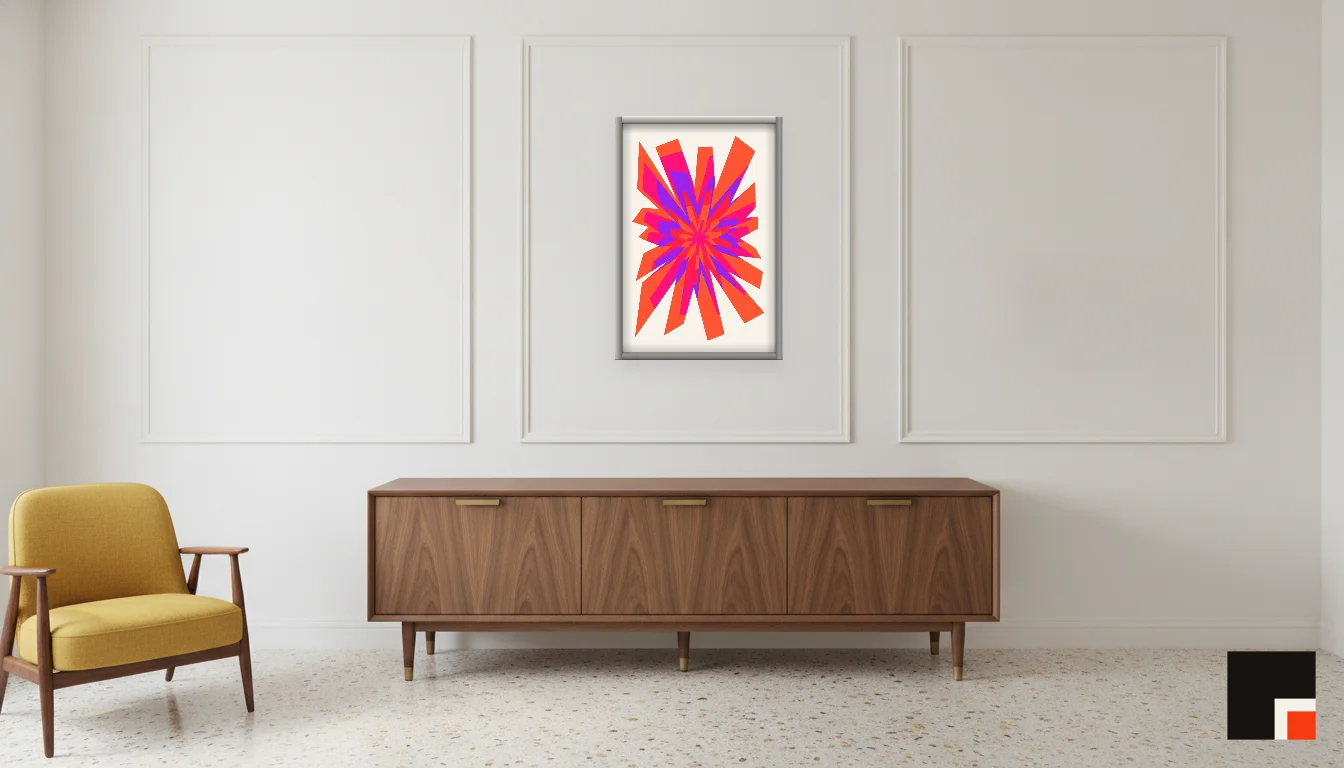 A Lumen & Logic artwork hanging in a Mid-Century hotel interior — Executive suite · Palm Springs