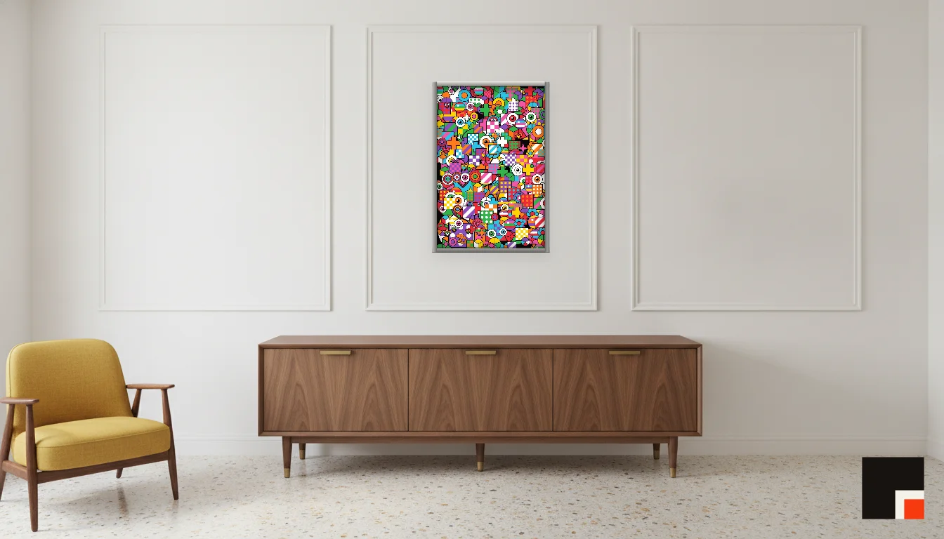 A Lumen & Logic artwork hanging in a Mid-Century hotel interior — Executive suite · Palm Springs