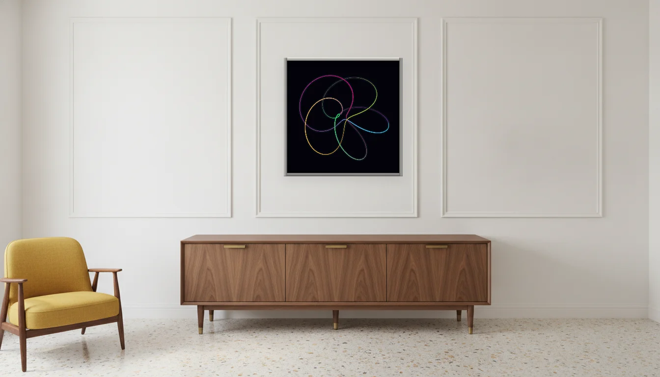 A Lumen & Logic artwork hanging in a Mid-Century hotel interior — Executive suite · Palm Springs